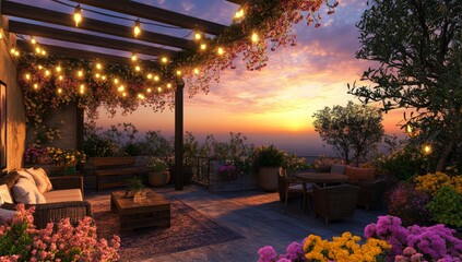 Obraz premium Sunset terrace with string lights and flowers