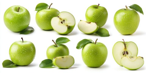 Close-up of fresh green apples with leaves on a light background, ideal for food and health themes.