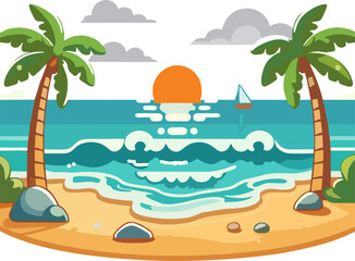 Tropical Cartoon Beach at Sun...