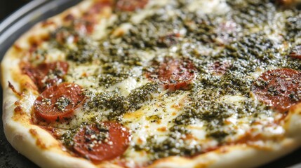 Delicious pepperoni pizza topped with pesto and melted cheese is shown