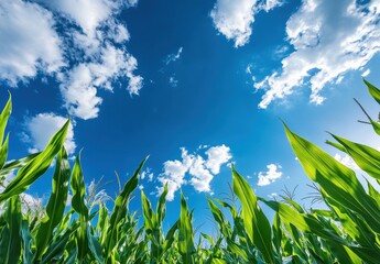 Obraz premium Lush Green Cornfield Under Vibrant Blue Sky with Fluffy White Clouds Showcasing Nature's Beauty and Serenity in a Summer Landscape