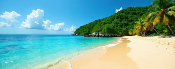 Golden sand, turquoise water, lush island backdrop, travel, sand dune