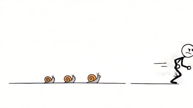 Stick figure running with snails simple minimalist line art illustration