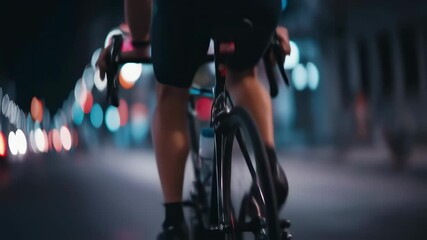 A cyclist pedals down an illuminated street at night, the urban lights blurred in the background, showcasing the thrill of night riding.