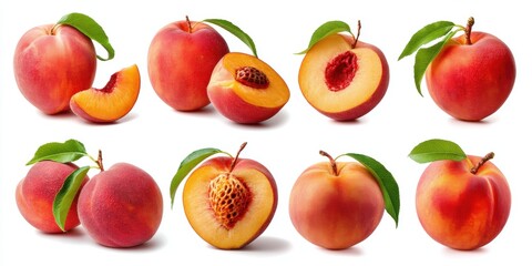 Close-up of a ripe peach cut in half alongside a whole peach on a white background.