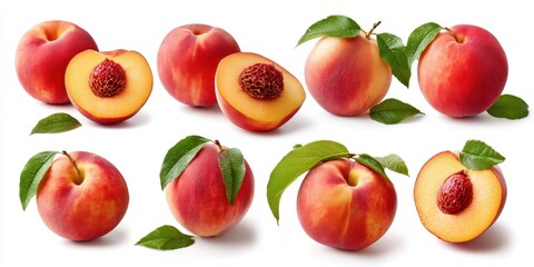 Close-up of a ripe peach with a green leaf and a sliced half showing juicy flesh on white background.