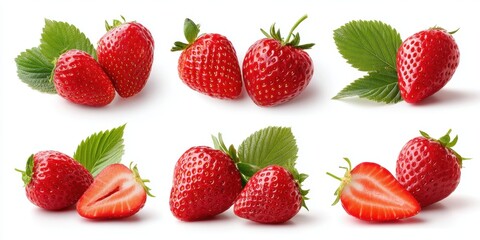 Close-up of fresh red strawberries with green leaves on a clean white background, studio lighting.