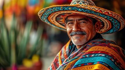 Fototapeta premium Portrait of a mature indigenous man in traditional attire, ideal for showcasing cultural celebrations, festivals, and warm community gatherings. Perfect for diversity and heritage themes.