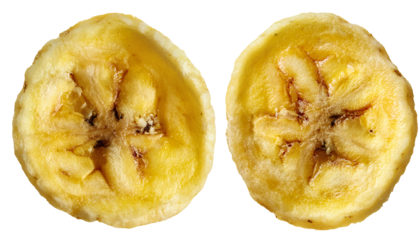 close-up of sweet banana chips slices on isolated background for food packaging, snack ads and texture reference
