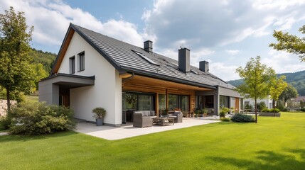 Obraz premium Modern home with patio and lush garden