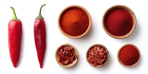 Multiple bowls filled with chili peppers arranged on a clean white surface, bright natural lighting.