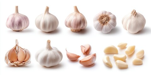 Fototapeta premium Close-up of fresh whole garlic bulbs and a single garlic clove on a white background.
