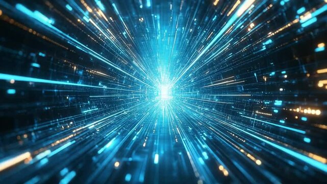 Futuristic digital data stream with blue and orange light particles creating a hyper tunnel