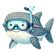 A cute cartoon fish wearing snorkeling gear in clear waters.