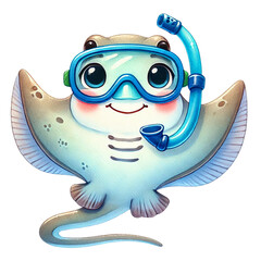 A cute cartoon stingray with snorkeling gear, ready for adventure.