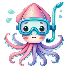 Cute cartoon octopus character with snorkeling gear in vibrant colors.