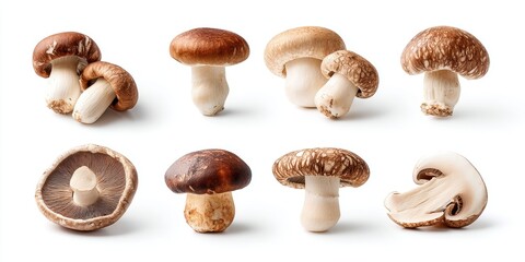 Arafed mushroom and assorted mushrooms arranged on a clean white background, studio-lit for product display.