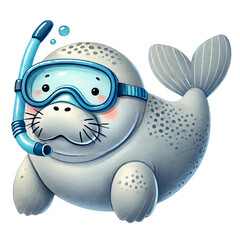 Cute seal with snorkel gear ready for underwater adventures.