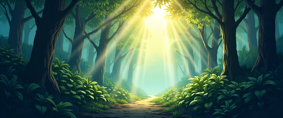 Fototapeta premium Sunlight Piercing Through Rainforest Canopy: A Hidden Paradise Rich in Greenery - Nature Landscape Illustration with Empty Space