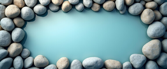 Calm Water and Stones Border Frame for World Mental Health Day: Relaxation Concept with Central Copy Space and Left-Side Empty Space for Inspirational Messages