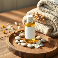 Fototapeta premium Spa setup, massage oil bottle, white towels, smooth pebbles, wooden tray, natural light, aromatherapy, dried flowers, wellness, relaxation, soft focus, warm tones, minimalist composition