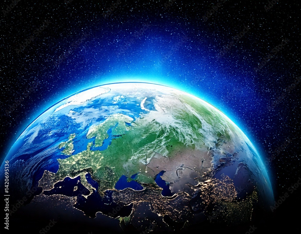Wall mural planet earth globe view from space showing realistic earth surface and world map as in outer