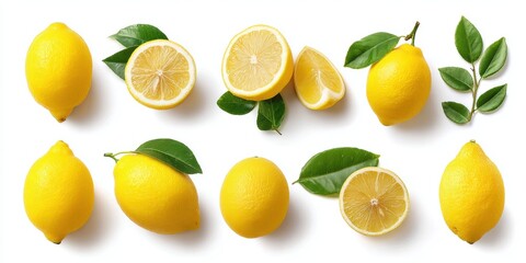 Fototapeta premium Close-up of fresh yellow lemons with green leaves on a clean white surface, bright natural lighting.