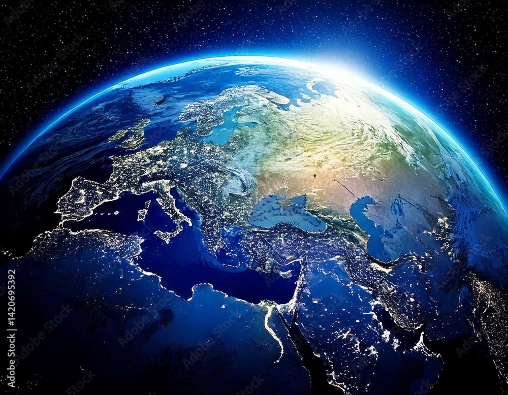Wall mural planet earth globe view from space showing realistic earth surface and world map as in outer