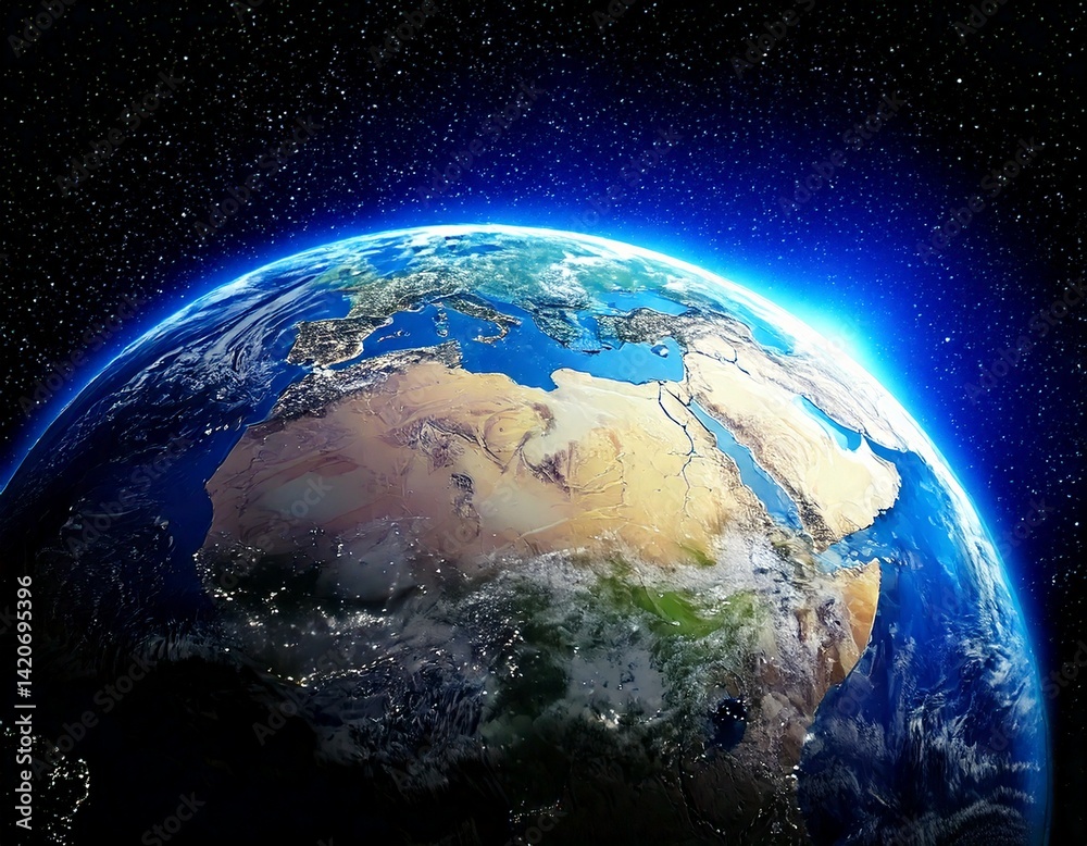 Wall mural planet earth globe view from space showing realistic earth surface and world map as in outer