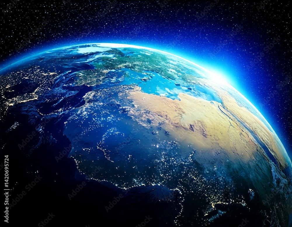 Wall mural planet earth globe view from space showing realistic earth surface and world map as in outer