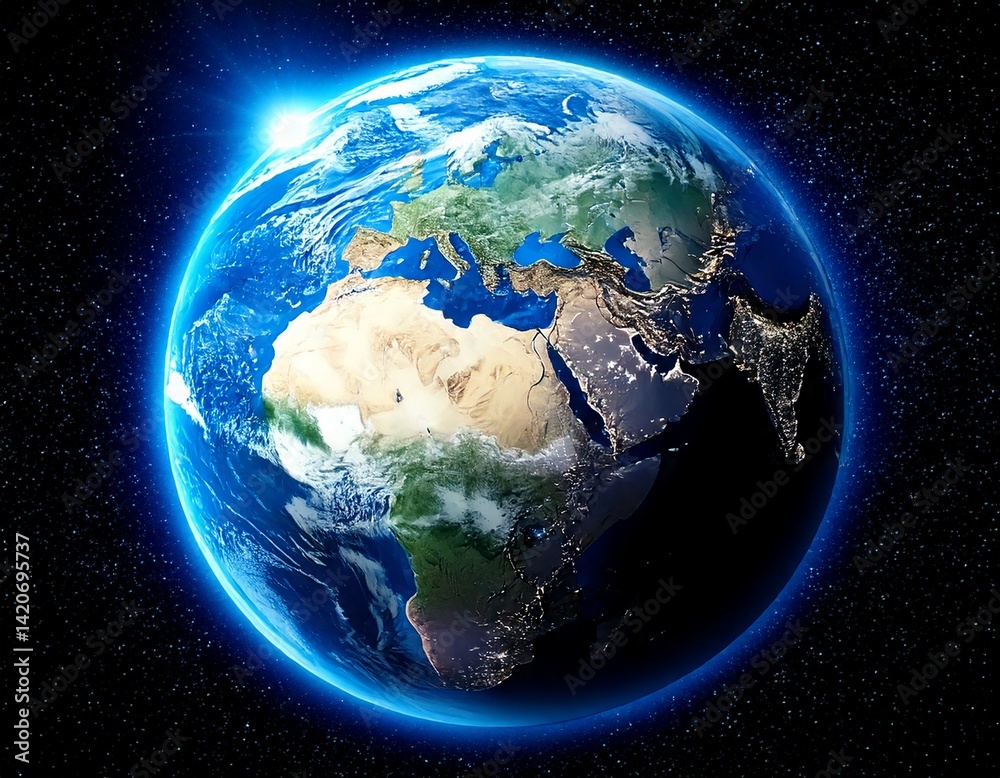 Wall mural planet earth globe view from space showing realistic earth surface and world map as in outer