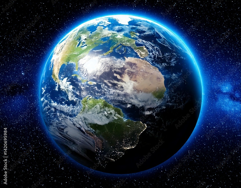 Wall mural planet earth globe view from space showing realistic earth surface and world map as in outer
