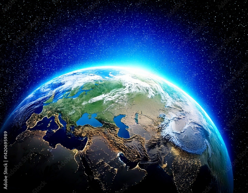 Wall mural planet earth globe view from space showing realistic earth surface and world map as in outer
