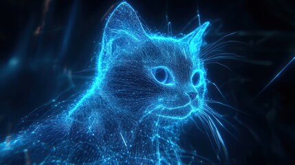 Glowing cat portrait, dark background, digital art, website banner
