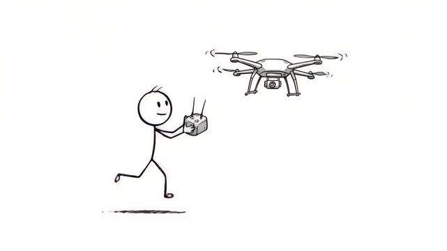 Person operating a drone with a remote control simple line drawing illustration