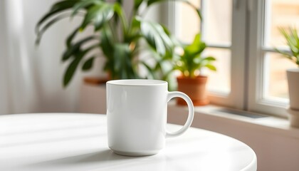 Fototapeta premium Ceramic white mug, sunlit table, scattered coffee beans, indoor plant, warm morning light, minimalist aesthetic, cozy home interior, soft shadows, textured background