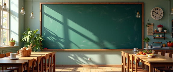 Whimsical School Cafeteria with Blackboard: A Dreamy Space for Nutrition and Education - Perfect for Creative Graphics and Text