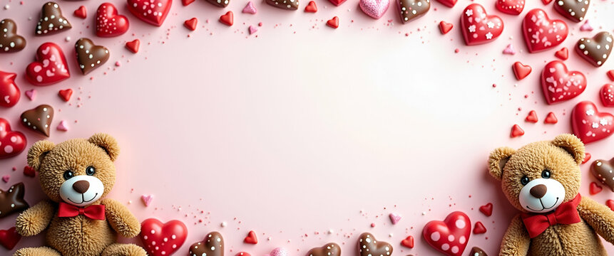 Delicious Chocolates and Cuddly Teddy Bears Border Frame for Sweet Valentine's Day Alternative Date Messages with Empty Space
