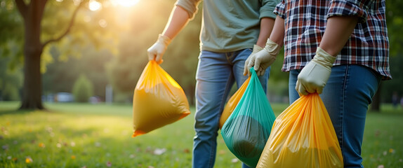 Volunteers Cleaning Park with Garbage Bags for Charity on World Environment Day - Promoting Social and Environmental Sustainable Development Goals Aligned with Global ESG Concepts