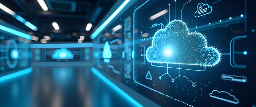 Image capturing the expansive cloud computing industry through state of the art digital facilities and innovative IT services fostering global market expansion in  Photo Stock  Concept  and empty spac