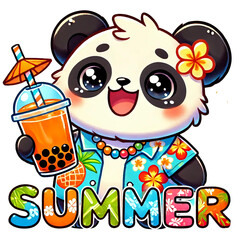 A cute panda enjoying summer with a drink and tropical vibes.