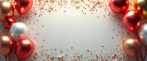 Shiny Metallic Balloons and Colorful Confetti Border Creating Glamorous Copy Space for New Year Parties - Perfect for Celebratory Photo Stock Concepts