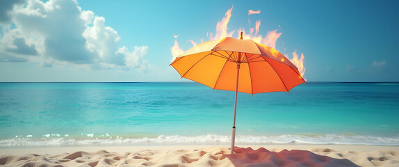 Burning Beach Umbrella on Sandy Shore: A Striking Photo Stock Concept Highlighting Dangerous Heat and Climate Change with Scenic Ocean Background and Empty Space for Text