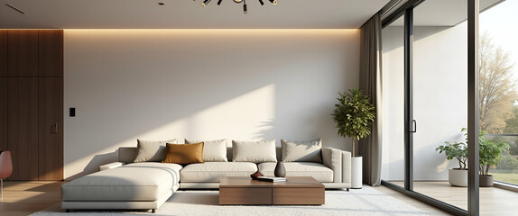 Serene Minimalist Living Room: Elegant Beige & Gray Tones with Sleek Furniture & Soft Recessed Lighting - Photo Stock Concept with Empty Space