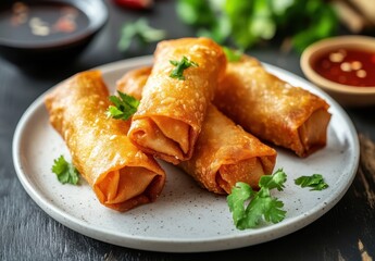 Crispy Spring Rolls on a White Plate Surrounded by Fresh Herbs with Dipping Sauce in Background Perfect for Culinary Themes and Food Photography