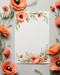 Watercolor poppy wedding card with blank space for text.