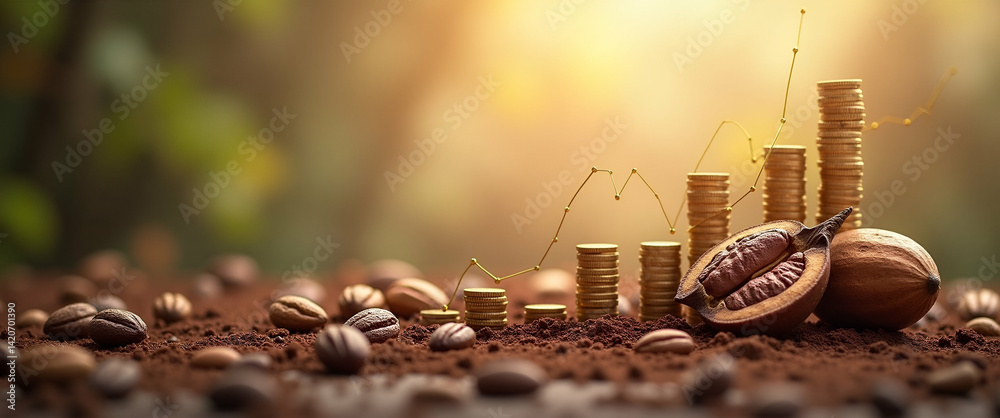 Poster Photo realistic as Cocoa Pods and Horizontal Chart concept as Cocoa pods and a horizontal chart on a whimsical background offering ample space for text or graphics symbolizing steady cocoa commodity v