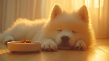 Sleepy white puppy resting near food bowl, bathed in warm sunlight
