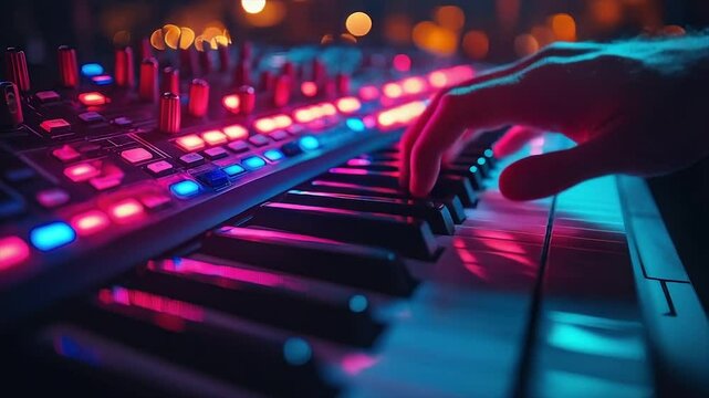 A hand plays a keyboard synth bathed in vibrant pink and blue light