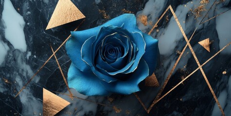 Exquisite blue rose on a dark marble background with gold geometric patterns.  Detailed close-up